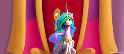 Size: 3597x1580 | Tagged: safe, ai assisted, ai content, artist:emptyplotfiller, edit, princess celestia, alicorn, fanfic:crossing the trixie bridge:a new life in the crystal empire, g4, canterlot castle, canterlot throne room, mirror, throne