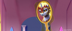 Size: 3597x1580 | Tagged: safe, ai assisted, ai content, edit, edited screencap, editor:emptyplotfiller, screencap, daybreaker, alicorn, fanfic:crossing the trixie bridge:a new life in the crystal empire, g4, canterlot castle, canterlot throne room, mirror, throne