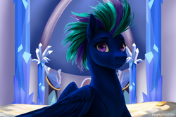 Size: 3036x2024 | Tagged: safe, ai assisted, ai content, artist:emptyplotfiller, edit, edited screencap, screencap, oc, oc:thunder glide, pegasus, fanfic:crossing the trixie bridge:a new life in the crystal empire, bed, crystal empire, crystal empire castle, high res, solo