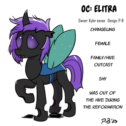 Size: 1200x1200 | Tagged: safe, artist:pony-berserker, oc, oc only, oc:elitra, changeling, changeling oc, commission, outcast, purple changeling, reference sheet, simple background, solo, white background
