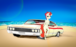 Size: 7919x4913 | Tagged: safe, artist:bumskuchen, oc, oc:bittersweet, pegasus, pony, beach, bipedal, car, chevrolet, chevrolet impala, crossed arms, lens flare, solo, vehicle