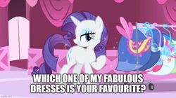Size: 888x499 | Tagged: safe, edit, screencap, rarity, g4, green isn't your color, caption, clothes, dress, gown, image macro, imgflip, impact font, question, text, that pony sure does love dresses