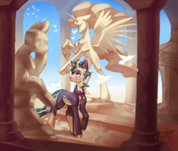 Size: 1650x1400 | Tagged: safe, artist:ryusya, nightmare moon, oc, alicorn, pony, unicorn, concave belly, cracks, depth of field, long mane, long tail, museum, outdoors, post-apocalyptic, rearing, ruins, slender, solo, spread wings, statue, tail, thin, turned head, wings