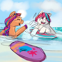 Size: 1280x1280 | Tagged: safe, artist:flurryheart04, sunny starscout, zipp storm, earth pony, pegasus, pony, g5, duo, female, laughing, mane stripe sunny, mare, ocean, splashing, surfboard, water