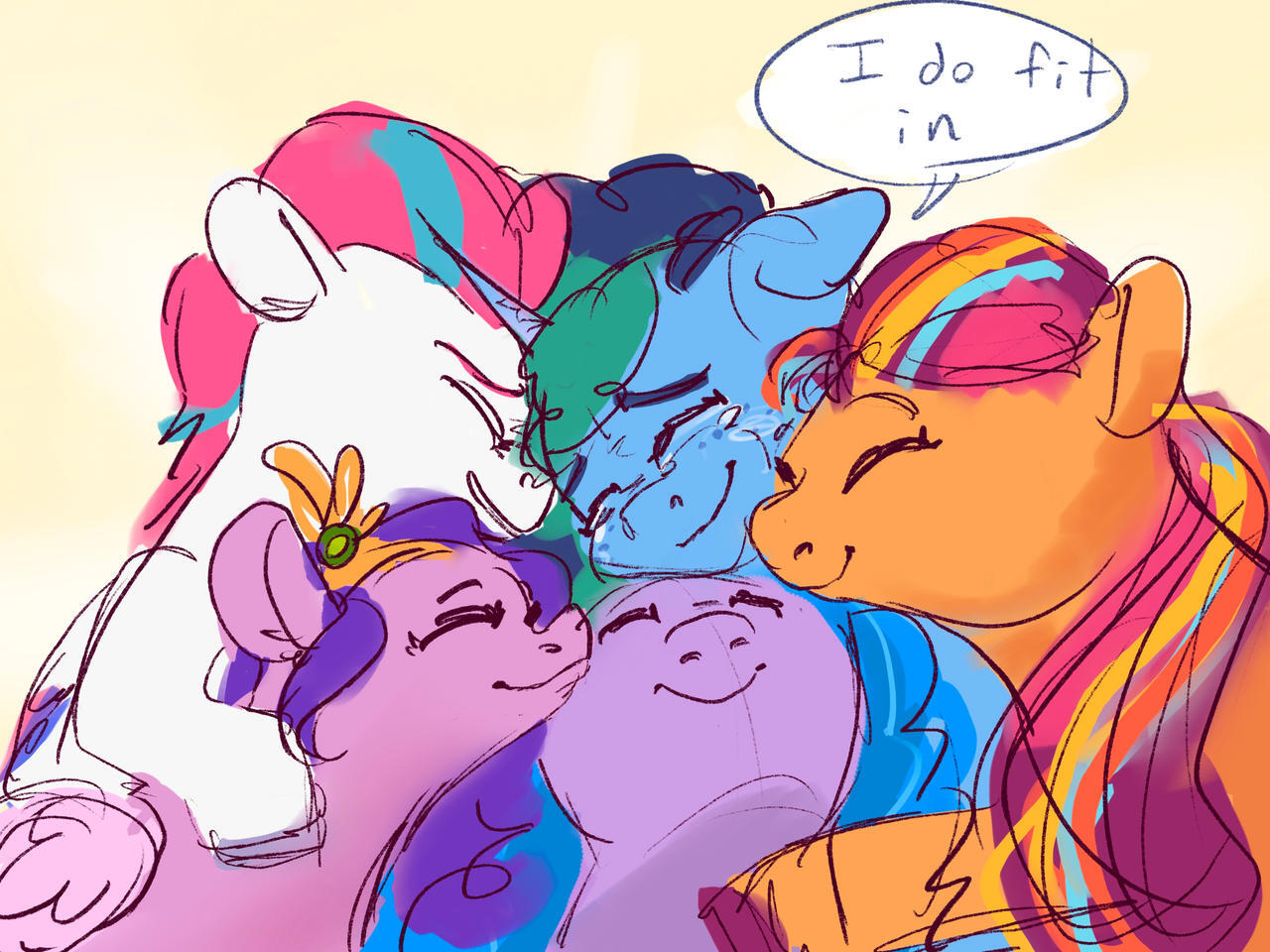 [crying,dialogue,earth pony,eyes closed,female,g5,group hug,hug,mare,pegasus,pony,safe,simple background,tears of joy,unicorn,smiling,yellow background,teary eyes,spoiler:g5,artist:flurryheart04,sunny starscout,izzy moonbow,zipp storm,pipp petals,my little pony: tell your tale,spoiler:my little pony: tell your tale,misty brightdawn,spoiler:tyts01e65,misty moves in]