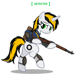 Size: 4493x4380 | Tagged: safe, artist:equestria secret guard, oc, oc only, oc:446, pony, unicorn, fallout equestria, ammunition, armor, bandage, bipedal, bullet, butt, clothes, design, gun, horn, jumpsuit, looking around, pipbuck, plot, rifle, simple background, solo, standing, standing on one leg, transparent background, unicorn oc, vault suit, walking, weapon, worried