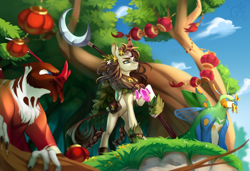 Size: 2700x1850 | Tagged: safe, artist:ryusya, bugbear, kirin, pony, cloven hooves, epic, forest, forest background, nature, tree