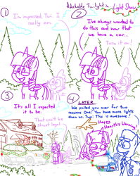 Size: 4779x6013 | Tagged: safe, artist:adorkabletwilightandfriends, spike, twilight sparkle, oc, oc:connor, oc:star dusk, alicorn, dragon, pony, comic:adorkable twilight and friends, g4, admiring, adorkable, adorkable twilight, antlers, car, christmas, christmas decoration, christmas lights, clothes, cloud, comic, cute, dork, driveway, female, flashing lights, forest, happy, hat, hearth's warming, holiday, house, lights, male, mare, minivan, nature, police, police car, police officer, police uniform, ponyville, ponyville police, santa hat, slice of life, smiling, stallion, tree, twilight sparkle (alicorn), van, wreath, yard