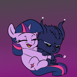 Size: 1024x1024 | Tagged: safe, artist:xxmarkingxx, twilight sparkle, oc, oc:rahs, dog, original species, pony, unicorn, fanfic:twilight gets a puppy, g4, fanfic, fanfic art, fanfic cover, gradient background, puppy, smiling