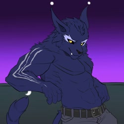 Size: 894x894 | Tagged: safe, artist:marking, oc, oc only, oc:rahs, anthro, fanfic:twilight gets a puppy, belt, clothes, fanfic, fanfic art, fanfic cover, fangs, feline, looking at you, night, pants, partial nudity, solo, tail, topless