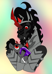 Size: 1000x1414 | Tagged: safe, artist:zetikoopa, king sombra, oc, oc:king caligo, umbrum, unicorn, baby, colored horn, colt, curved horn, father and child, father and son, foal, horn, male, sombra horn, stallion