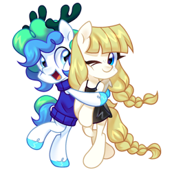 Size: 1300x1300 | Tagged: safe, artist:cherry_tree, oc, oc only, unnamed oc, earth pony, pony, 2024 community collab, derpibooru community collaboration, bipedal, braid, braided tail, cute, duo, duo female, female, hug, mare, ocbetes, simple background, tail, transparent background