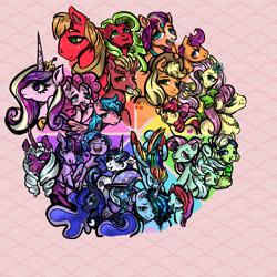 Size: 2048x2048 | Tagged: safe, artist:shakoba, apple bloom, applejack, applejack (g3), big macintosh, firefly, fluttershy, izzy moonbow, jazz hooves, lyra heartstrings, minty, minty (g5), misty brightdawn, opaline arcana, pinkie pie, posey bloom, princess cadance, princess luna, rainbow dash, scootaloo, shining armor, sprout cloverleaf, sunny starscout, trixie, twilight sparkle, alicorn, earth pony, pegasus, pony, unicorn, g1, g3, g4, g5, art challenge, color wheel, color wheel challenge, colored, high res, instagram, tumblr, twilight sparkle (alicorn)