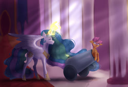 Size: 1280x873 | Tagged: safe, artist:natkizzki, princess celestia, scootaloo, alicorn, pegasus, pony, g4, cannon, duo, fanfic art, fuse, jewelry, magic, magic aura, pony cannonball, regalia, story in the source, story included, this will end in a trip to the moon, throne room, to the moon, trollestia
