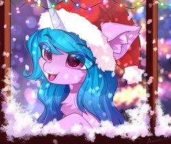 Size: 3594x3014 | Tagged: safe, alternate character, alternate version, artist:airiniblock, izzy moonbow, pony, unicorn, rcf community, g5, big ears, chest fluff, christmas, christmas lights, colored eyebrows, cute, ear fluff, eye clipping through hair, eyebrows, eyebrows visible through hair, female, hat, high res, holiday, horn, izzybetes, mare, open mouth, open smile, santa hat, smiling, snow, snowfall, solo, string lights, teeth, window, winter