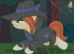 Size: 4332x3169 | Tagged: safe, artist:r4hucksake, derpibooru exclusive, oc, oc only, oc:frazzle, earth pony, pony, alternate hairstyle, angry, clothes, coat, detective, detective outfit, ears back, eyeshadow, fedora, female, forest background, hat, makeup, mare, narrowed eyes, rain, solo, trenchcoat