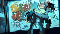 Size: 5000x2840 | Tagged: safe, artist:chamommile, oc, oc only, oc:dawn chaser, original species, pegasus, pony, blue skin, brown eyes, clothes, colored hooves, commission, ear fluff, full body, graffiti, jacket, looking at you, male, pegasus oc, raised hoof, slender, solo, stallion, stallion oc, tail, thin, two toned mane, two toned tail, underhoof, uniform, unshorn fetlocks, wings, ych result