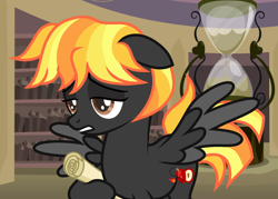 Size: 1280x919 | Tagged: safe, artist:vi45, oc, oc only, oc:dark liquorice, pegasus, pony, g4, female, floppy ears, hourglass, library, mare, scroll, solo