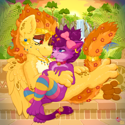 Size: 4600x4600 | Tagged: safe, artist:wispy tuft, oc, oc:finnk, oc:wispy tuft, cat, sphinx, :3, bell, bell collar, bow, clothes, collar, cuddling, desert, flower, gold, jewelry, love, oasis, palm tree, paws, relaxing, socks, spots, sunset, tree, water, waterfall, wholesome
