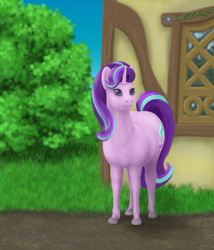 Size: 1286x1500 | Tagged: source needed, safe, artist:soobel, starlight glimmer, pony, unicorn, g4, bush, female, grass, house, mare, ponyville, solo, street, summer, window