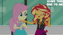 Size: 1920x1080 | Tagged: safe, edit, edited screencap, editor:quoterific, screencap, fluttershy, sunset shimmer, equestria girls, equestria girls series, g4, text support, belt, clothes, cutie mark on clothes, eyes closed, eyeshadow, fluttershy boho dress, geode of empathy, geode of fauna, grin, hand on shoulder, jewelry, leather, leather vest, magical geodes, makeup, necklace, open mouth, open smile, pointing, shoulderless shirt, skirt, smiling, spikes, subtitles, talking, vest
