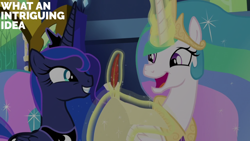 Size: 1920x1080 | Tagged: safe, edit, edited screencap, editor:quoterific, screencap, princess celestia, princess luna, between dark and dawn, g4, magic, quill, scroll, telekinesis, twilight's castle