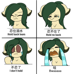 Size: 1500x1500 | Tagged: safe, artist:allhallowsboon, edit, oc, oc only, oc:myrtle remedy, earth pony, pony, 4 panel comic, chinese, clenched fist, comic, crying, earth pony oc, emoting mokou, eye clipping through hair, female, mare, meme, png, ponified, ponified meme, sad, simple background, solo, text, text edit, touhou, white background