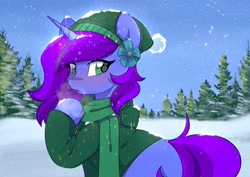 Size: 3508x2480 | Tagged: safe, artist:cottonaime, oc, oc only, oc:aliss, alicorn, alicorn oc, clothes, commission, flower, flower in hair, high res, horn, jacket, scarf, snow, snowfall, solo, tree, wings