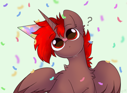 Size: 3480x2549 | Tagged: safe, artist:mariashek, oc, oc only, oc:hardy, alicorn, pony, birthday, confetti, front view, happy birthday, hat, high res, male, o.o, party hat, question mark, solo, spread wings, stallion, wings