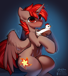 Size: 3447x3858 | Tagged: safe, artist:gicme, oc, oc:hardy, alicorn, bird, chicken, pony, belly, blushing, high res, male, partially open wings, sitting, solo, spread wings, stallion, wings