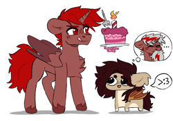 Size: 2741x1921 | Tagged: safe, artist:batavern, oc, oc:hardy, alicorn, bat pony, pony, birthday cake, cake, chest fluff, concave belly, countershading, duo, female, folded wings, food, fork, height difference, imagination, licking, licking lips, male, mare, physique difference, simple background, stallion, tongue out, unshorn fetlocks, white background, wings