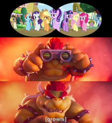 Size: 818x900 | Tagged: safe, artist:darkmoonanimation, artist:user15432, applejack, blues, cherry berry, daisy, doctor whooves, flower wishes, fluttershy, noteworthy, pinkie pie, rainbow dash, rarity, starlight glimmer, time turner, twilight sparkle, alicorn, earth pony, koopa, pegasus, pony, unicorn, g4, the cutie re-mark, background pony, binoculars, bowser, female, friends are always there for you, growling, male, mane six, spying, super mario bros., the super mario bros. movie, twilight sparkle (alicorn)