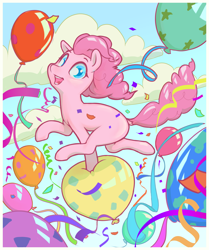 Size: 3421x4094 | Tagged: safe, artist:stratodraw, pinkie pie, earth pony, pony, g4, balloon, cloud, confetti, cute, diapinkes, dock, female, happy, mare, missing cutie mark, open mouth, open smile, smiling, solo, tail, that pony sure does love balloons