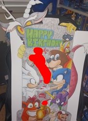 Size: 1487x2048 | Tagged: safe, discord, bandicoot, bird, cat, hedgehog, human, g4, banjo kazooie, birthday, boomstick, crash bandicoot, crash bandicoot (series), happy birthday, irl, miles "tails" prower, photo, present, prize, scientist, silver the hedgehog, sonic the hedgehog, sonic the hedgehog (series), wiz