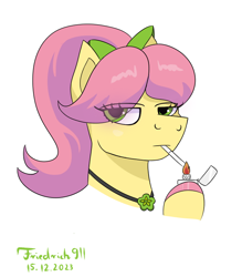 Size: 700x800 | Tagged: safe, artist:friedrich911, posey bloom, earth pony, pony, g5, cigarette, eye clipping through hair, female, lighter, mare, simple background, smoking, solo, white background