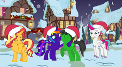 Size: 3495x1920 | Tagged: safe, artist:shieldwingarmorofgod, edit, sunset shimmer, zipp storm, oc, oc:rainbow flower, oc:star armour, pegasus, pony, unicorn, g4, g5, my little pony: tell your tale, christmas, female, hat, holiday, male, ponyville, santa hat, snow