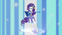 Size: 1920x1080 | Tagged: safe, screencap, rarity, human, equestria girls, equestria girls specials, g4, my little pony equestria girls: better together, my little pony equestria girls: forgotten friendship, cape, clothes, dress, eyeshadow, female, gloves, lidded eyes, long gloves, makeup, ponied up, ponytail, pose, smiling, solo, standing