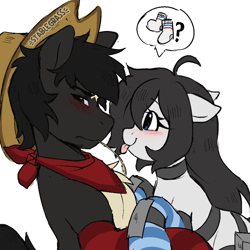 Size: 1000x1000 | Tagged: safe, artist:stablegrass, oc, oc only, oc:milly, oc:stable, earth pony, :p, ahoge, bandana, blushing, chest fluff, choker, clothes, collar, cowboy hat, cute, embarrassed, exosuit, female, floppy ears, grumpy, hat, holding hooves, looking at each other, looking at someone, looking away, male, mare, oc x oc, shipping, simple background, socks, stallion, straight, striped socks, tongue out, white background