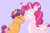 Size: 1966x1298 | Tagged: safe, artist:kurisumuffins, pinkie pie, scootaloo (g3), pegasus, g3, g4, ^^, adopted offspring, alternate design, alternate universe, colored eyelashes, colored wings, colored wingtips, duo, eyes closed, female, filly, foal, folded wings, forehead kiss, heart, kissing, lavender background, mare, mother and child, mother and daughter, parent:applejack, parent:pinkie pie, parents:applepie, pegasus pinkie pie, race swap, simple background, spread wings, wings