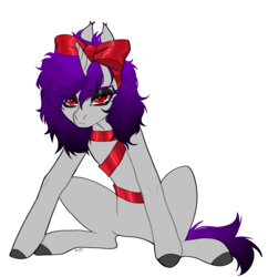 Size: 1964x2025 | Tagged: safe, artist:ruru_01, oc, oc only, pony, undead, unicorn, vampire, vampony, belly, bow, christmas, concave belly, female, gift wrapped, grumpy, hair bow, holiday, looking at someone, looking at something, present, ribbon, simple background, sitting, slender, solo, thin, white background