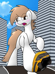 Size: 1536x2048 | Tagged: safe, artist:shakey_kyane929, oc, oc only, oc:shakerato, earth pony, blushing, bus, cloud, crushed, crushing, ears back, frown, highrise ponies, macro, male, open mouth, raised hoof, road, sky, skyscraper, solo, sweat, sweatdrop, sweatdrops