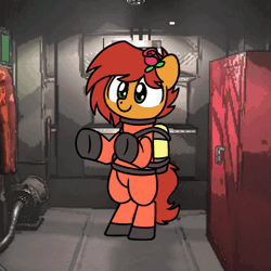 Size: 600x600 | Tagged: safe, artist:sugar morning, oc, oc only, oc:kale triton, earth pony, pony, animated, bipedal, clothes, cute, dancing, ear piercing, earring, flower, flower in hair, gif, hazmat suit, jewelry, lethal company, male, piercing, rose, solo, spaceship, stallion
