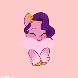 Size: 2480x2480 | Tagged: safe, artist:starburstuwu, pipp petals, pegasus, pony, g5, adorapipp, blushing, chest fluff, cute, eyes closed, fluffy, high res, open mouth, open smile, pink background, simple background, smiling, solo