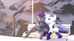 Size: 3840x2160 | Tagged: safe, artist:scratch_wub, oc, oc only, oc:etheria galaxia, oc:scratch wub, alicorn, unicorn, 3d, bench, clothes, female, high res, imminent kissing, male, outdoors, scarf, ship:scratchtheria, shipping, snow, snowfall, socks, source filmmaker, stockings, striped socks, thigh highs, winter