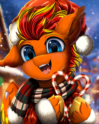 Size: 2550x3209 | Tagged: safe, artist:pridark, oc, oc only, oc:fireheart(fire), bat pony, candy, candy cane, christmas, clothes, commission, cute, food, hat, hearth's warming, high res, holiday, latex, rubber, santa hat, scarf, snow, snowfall, solo, striped scarf, ych result