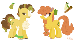 Size: 850x465 | Tagged: safe, artist:lullabythesloth, artist:selenaede, cinnamon pear, grand pear, earth pony, pony, g4, base used, duo, duo male and female, female, husband and wife, male, mare, pear family member, simple background, stallion, white background