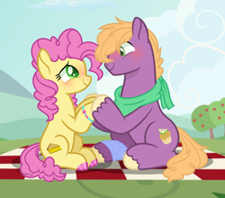 Size: 3096x2720 | Tagged: safe, artist:moon-does-artyt, li'l cheese, little mac, earth pony, pony, g4, the last problem, apple, apple tree, base used, blush lines, blushing, bracelet, closed mouth, clothes, colored hooves, duo, duo male, femboy, gay, girly, high res, holding hooves, hoof polish, jewelry, leg wraps, li'l mac n cheese, lightly watermarked, looking at each other, looking at someone, male, mascara, older li'l cheese, older little mac, picnic blanket, scarf, shipping, sitting, smiling, stallion, tree, watermark