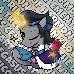 Size: 1000x1000 | Tagged: safe, artist:brella, king sombra, pony, unicorn, g4, bust, cape, clothes, cute, flower, good king sombra, looking at you, magic, one eye closed, rose, signature, solo, sombradorable, text, wink, winking at you