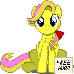 Size: 2000x2000 | Tagged: safe, artist:thunderdasher07, derpibooru exclusive, oc, oc only, oc:mist dasher, pegasus, pony, 2024 community collab, derpibooru community collaboration, bow, chest fluff, ear fluff, female, folded wings, free hugs, hair bow, hair over one eye, high res, hoof fluff, leg fluff, looking at you, mare, pegasus oc, sign, simple background, sitting, solo, tail, transparent background, two toned mane, two toned tail, vector, wings