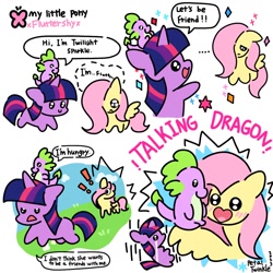 Size: 1200x1200 | Tagged: safe, artist:petaltwinkle, fluttershy, spike, twilight sparkle, dragon, pegasus, pony, unicorn, friendship is magic, g4, blush lines, blushing, chibi, comic, crying, crylight sparkle, cute, daaaaaaaaaaaw, dialogue, exclamation point, female, floppy ears, friendly, heart mouth, hnnng, male, mare, missing cutie mark, open mouth, open smile, riding, scene interpretation, shyabetes, simple background, smiling, speech bubble, spikabetes, spike riding twilight, trio, twiabetes, unicorn twilight, white background